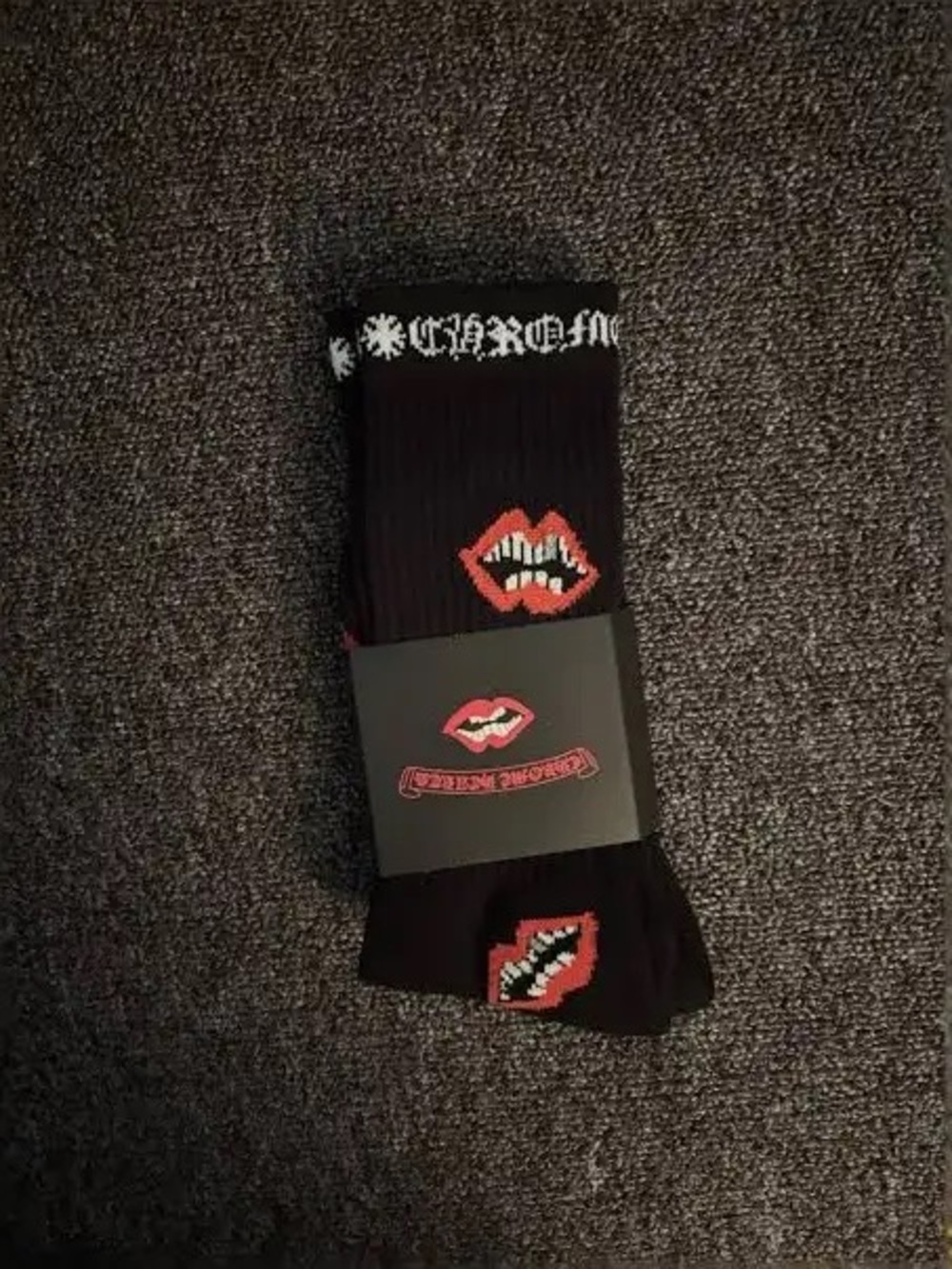 Chrome Hearts Black Crew Socks with Red Lip Motif